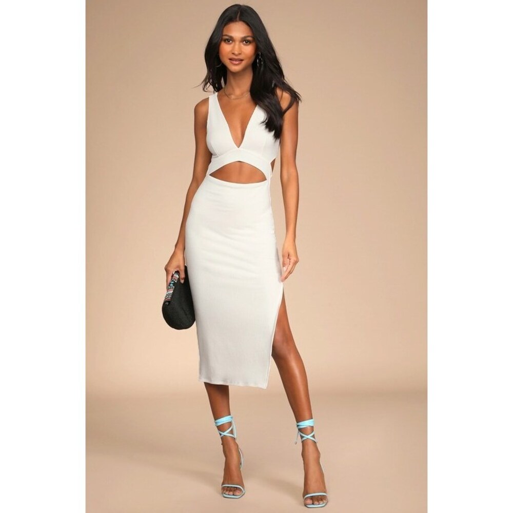 Lulus Divide And Contour White Ribbed Cutout Bodycon Midi Dress - Size XS